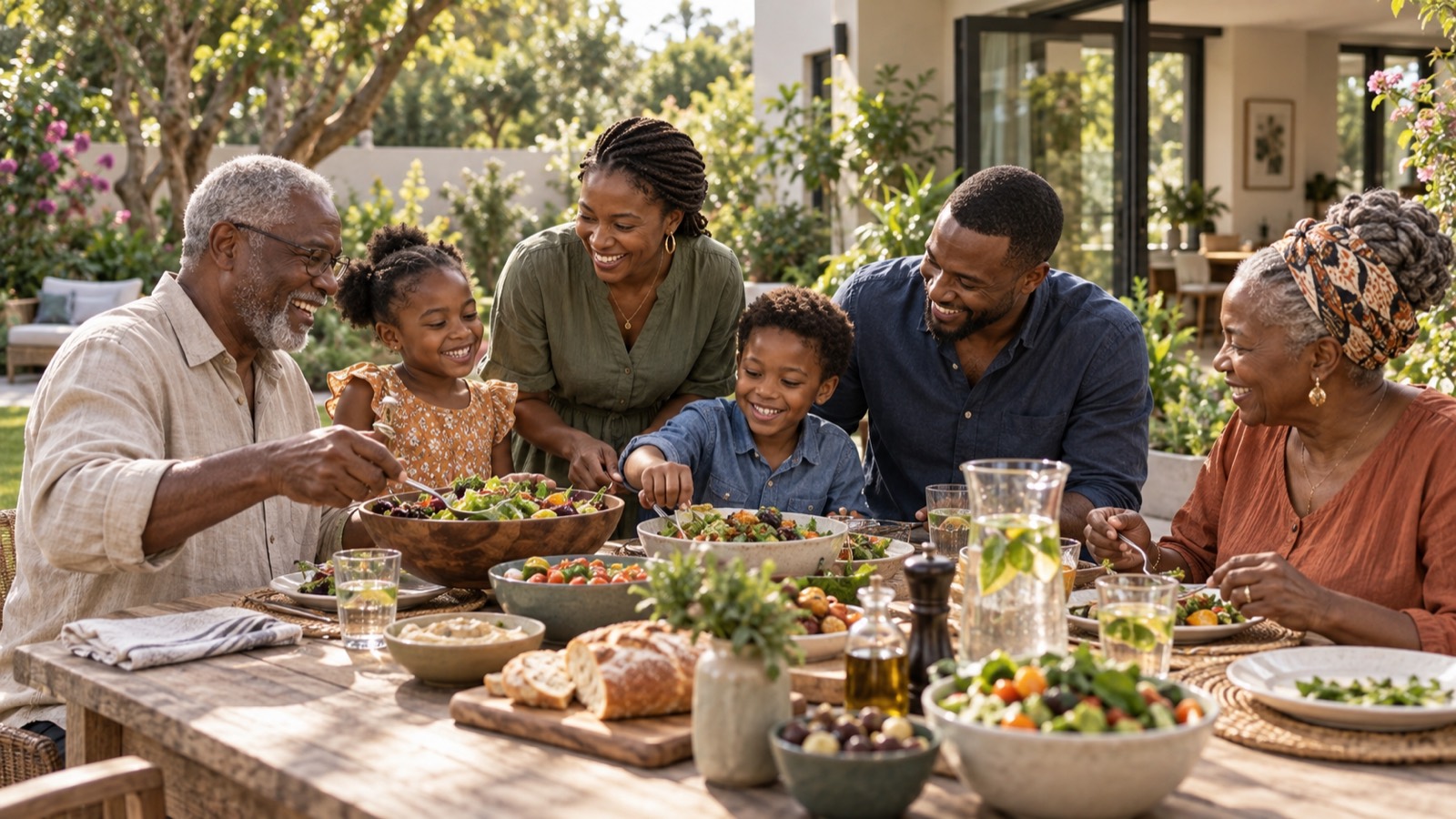 A family sharing a healthy meal outdoors