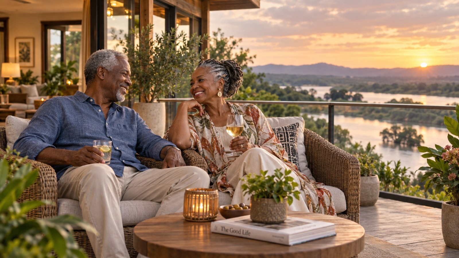An older couple relaxing at sunset
