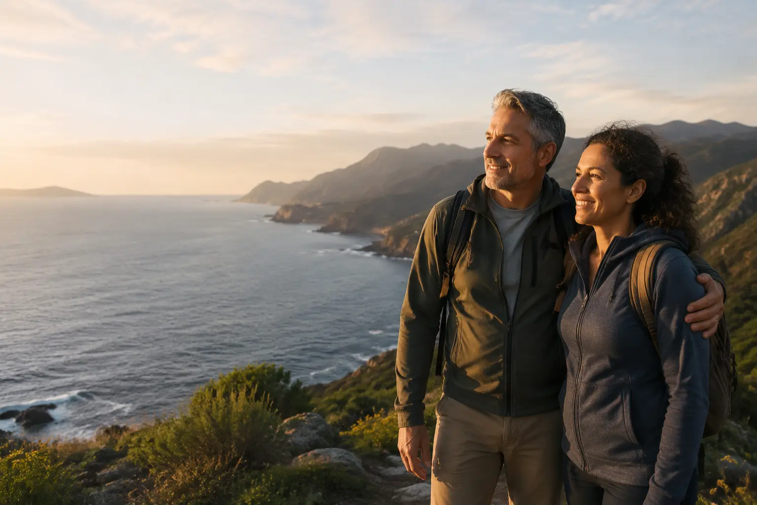 A midlife couple looking out over a coastline at golden hour