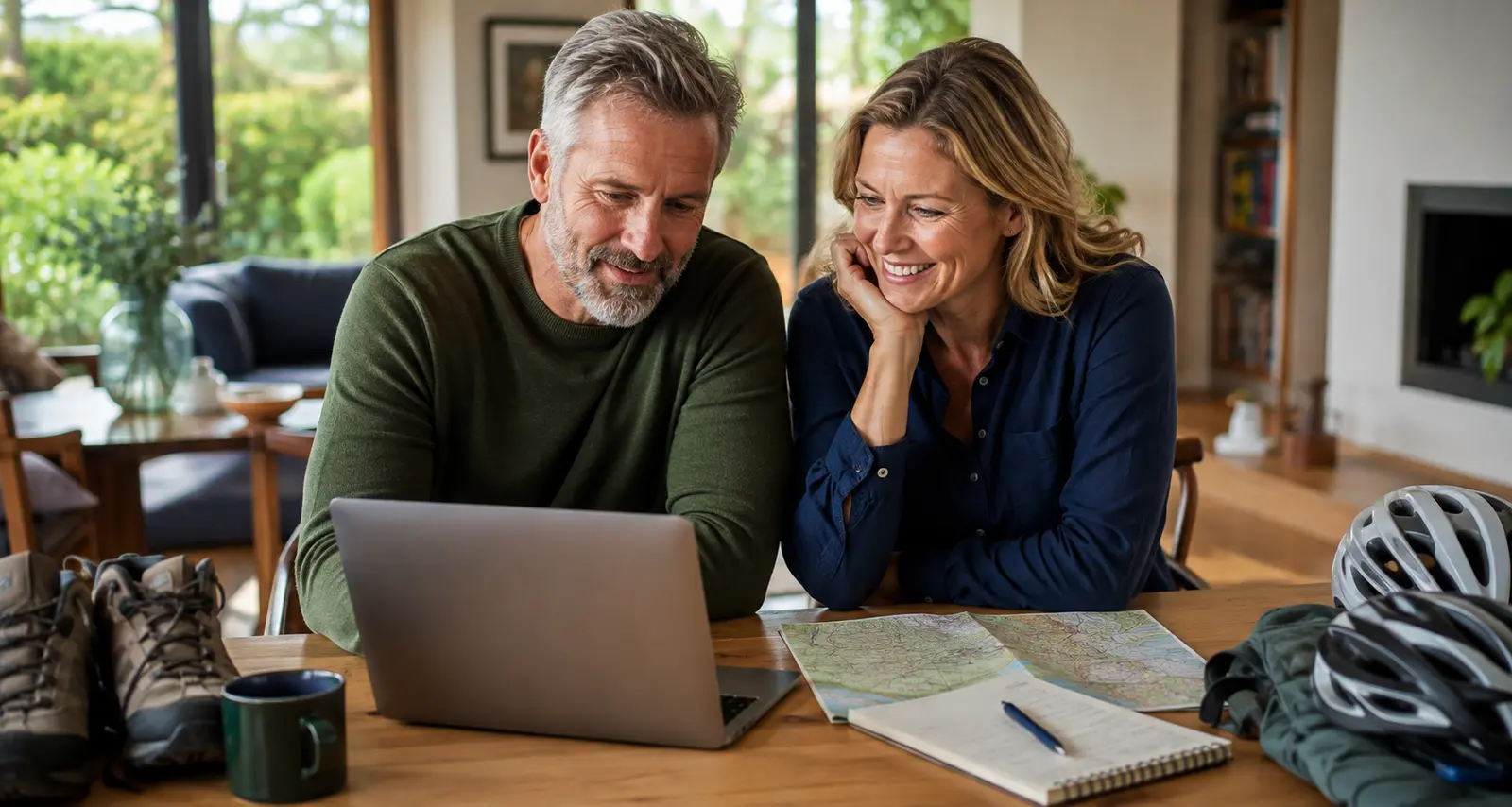 A couple planning their next adventure together at home